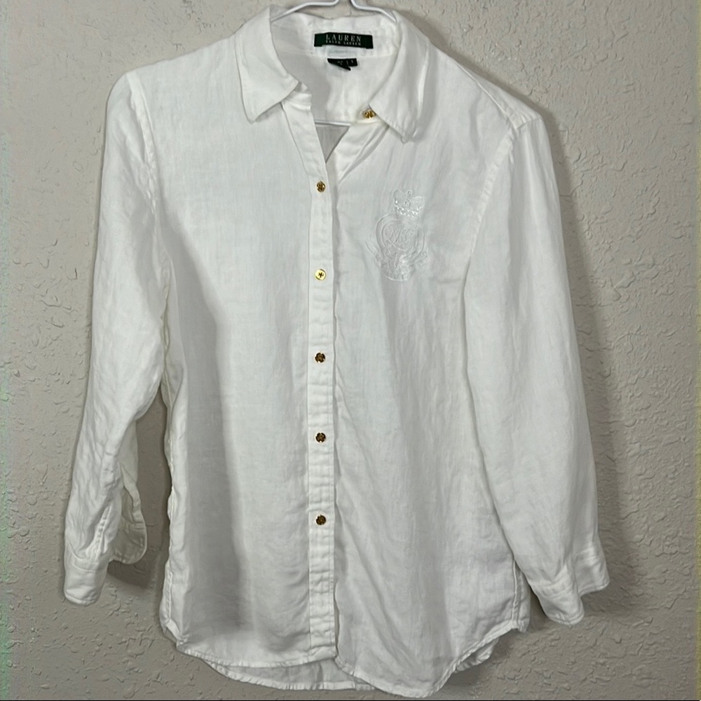 Lauren Ralph Lauren Linen Button Down Three Quarter Length Sleeves Size Small